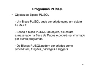 Programas PL/SQL
• Objetos de Blocos PL/SQL

  - Um Bloco PL/SQL pode ser criado como um objeto
  ORACLE.

  - Sendo o bloco PL/SQL um objeto, ele estará
  armazenado na Base de Dados e poderá ser chamado
  por outros programas.

  - Os Blocos PL/SQL podem ser criados como
  procedures, funções, packages e triggers.




                                                 30
 