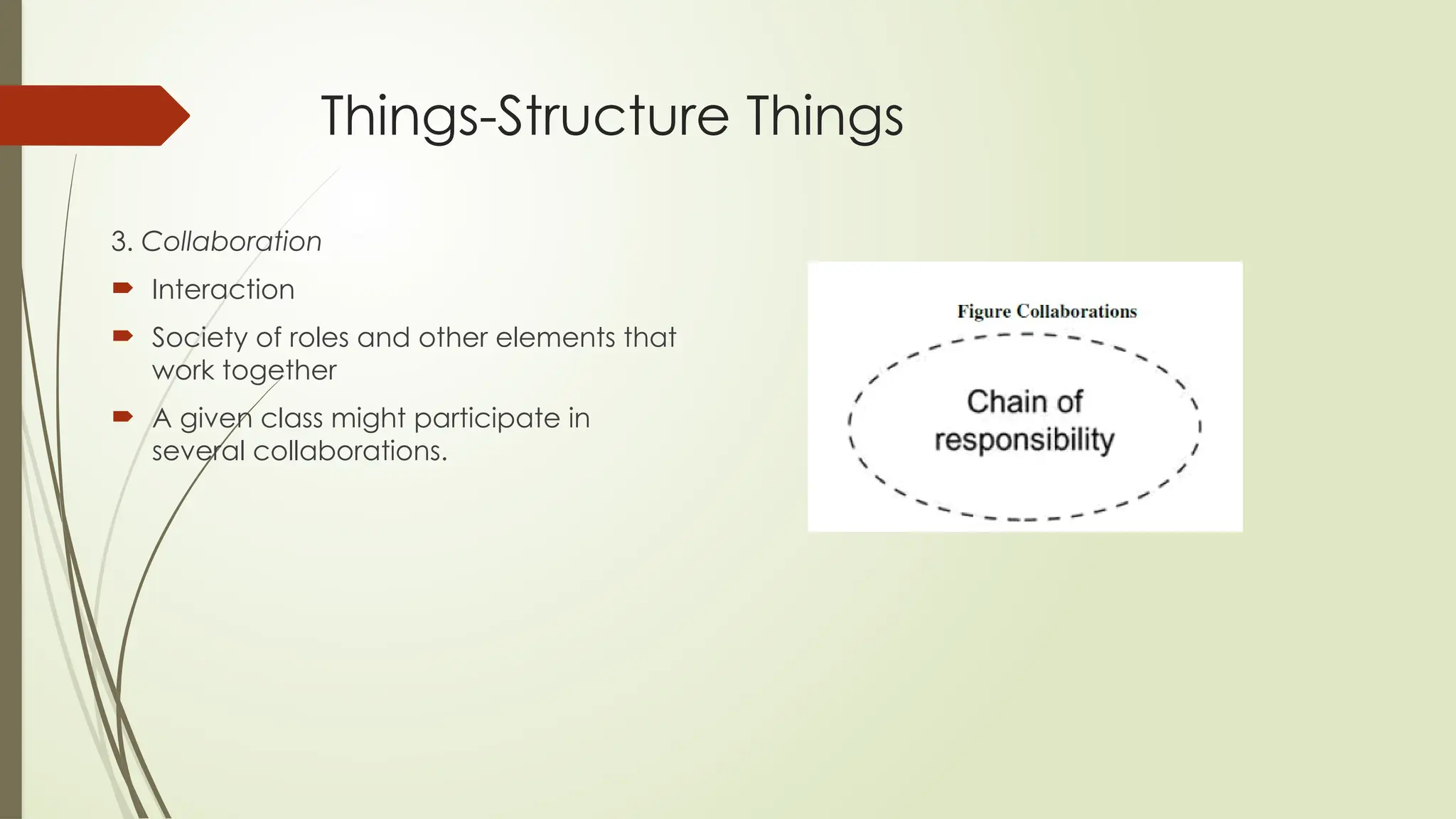 Things-Structure Things
3. Collaboration
 Interaction
 Society of roles and other elements that
work together
 A given class might participate in
several collaborations.
 