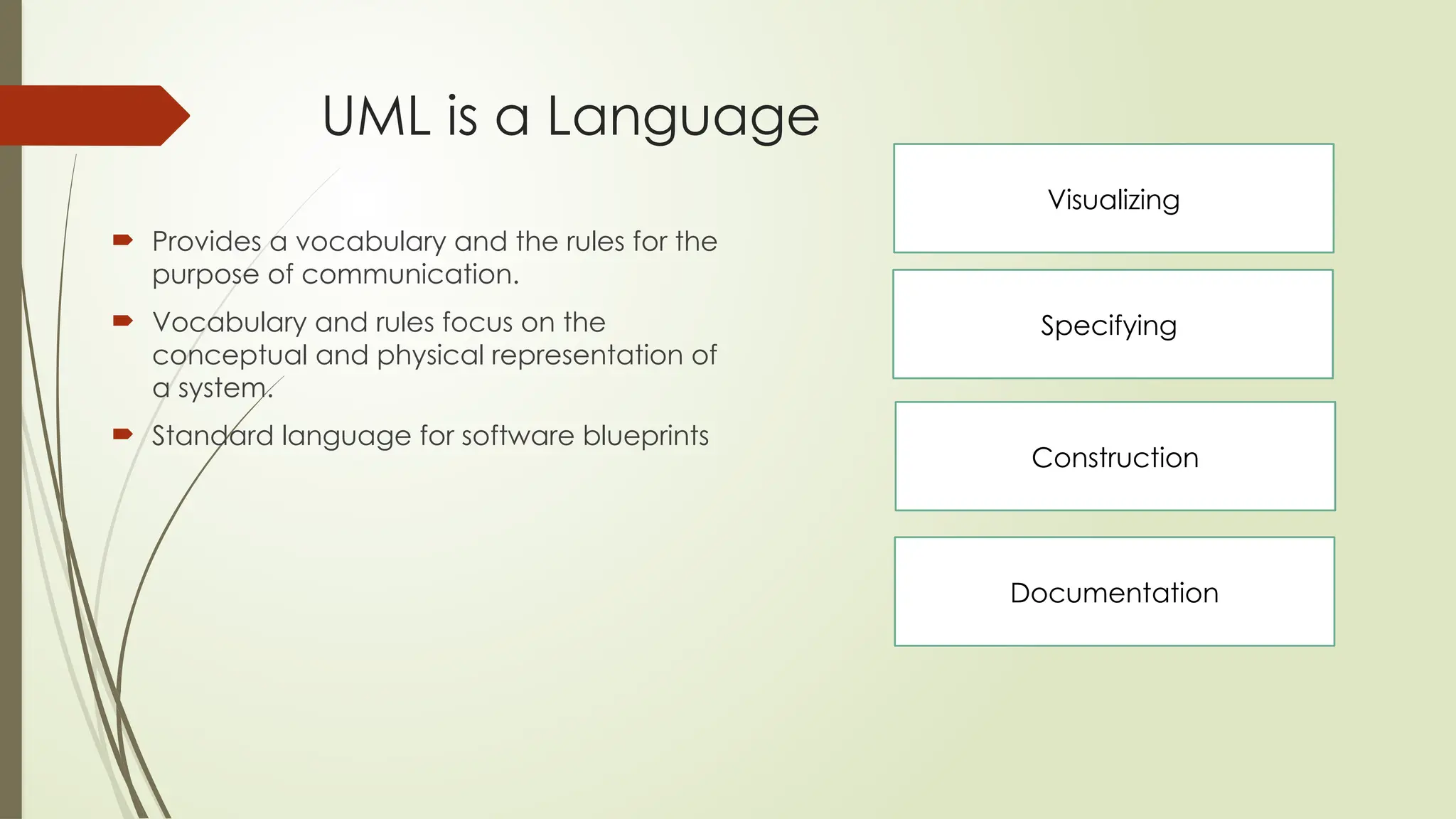 UML is a Language
 Provides a vocabulary and the rules for the
purpose of communication.
 Vocabulary and rules focus on the
conceptual and physical representation of
a system.
 Standard language for software blueprints
Visualizing
Specifying
Construction
Documentation
 