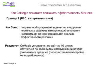 www.comagic.ru
Пример 2 (B2C, интернет-магазин)
Новые технологии веб-аналитики
Как было: потратили уйму времени и денег на внедрение
нескольких сервисов коммуникаций и попытку
настроить их синхронизацию для анализа
эффективности рекламы
Результат: CoMagic установлен на сайт за 10 минут;
статистика по всем видам коммуникаций начала
учитываться сразу же (дополнительная настройка
не потребовалась)
Как CoMagic помогает повышать эффективность бизнеса
 