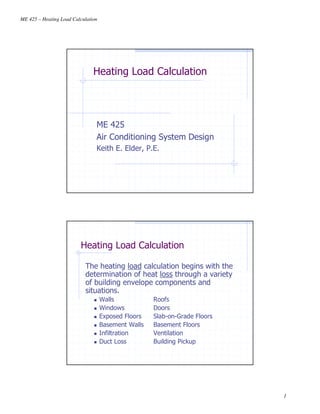 ME 425 – Heating Load Calculation

Heating Load Calculation

ME 425
Air Conditioning System Design
Keith E. Elder, P.E.

Heating Load Calculation
The heating load calculation begins with the
determination of heat loss through a variety
of building envelope components and
situations.
Walls
Windows
Exposed Floors
Basement Walls
Infiltration
Duct Loss

Roofs
Doors
Slab-on-Grade Floors
Basement Floors
Ventilation
Building Pickup

1

 