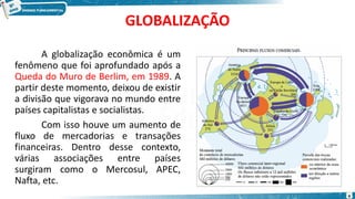 GLOBALIZAÇÃO
A globalização econômica é um
fenômeno que foi aprofundado após a
Queda do Muro de Berlim, em 1989. A
partir deste momento, deixou de existir
a divisão que vigorava no mundo entre
países capitalistas e socialistas.
Com isso houve um aumento de
fluxo de mercadorias e transações
financeiras. Dentro desse contexto,
várias associações entre países
surgiram como o Mercosul, APEC,
Nafta, etc.
4
 