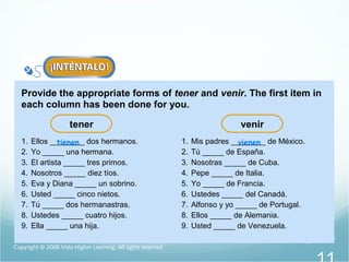 Copyright © 2008 Vista Higher Learning. All rights reserved.
3.4-
Provide the appropriate forms of tener and venir. The first item in
each column has been done for you.
1. Ellos ________ dos hermanos.
2. Yo _____ una hermana.
3. El artista _____ tres primos.
4. Nosotros _____ diez tíos.
5. Eva y Diana _____ un sobrino.
6. Usted _____ cinco nietos.
7. Tú _____ dos hermanastras.
8. Ustedes _____ cuatro hijos.
9. Ella _____ una hija.
1. Mis padres ________ de México.
2. Tú _____ de España.
3. Nosotras _____ de Cuba.
4. Pepe _____ de Italia.
5. Yo _____ de Francia.
6. Ustedes _____ del Canadá.
7. Alfonso y yo _____ de Portugal.
8. Ellos _____ de Alemania.
9. Usted _____ de Venezuela.
tienen
tener venir
vienen
 