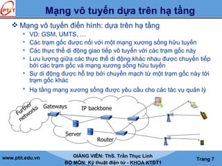 www.ptit.edu.vn GIẢNG VIÊN: ThS. Trần Thục Linh
BỘ MÔN: Kỹ thuật điện tử - KHOA KTĐT1
Trang 7
 Mạng vô tuyến điển hình: dựa trên hạ tầng
 VD: GSM, UMTS, …
 Các trạm gốc được nối với một mạng xương sống hữu tuyến
 Các thực thể di động giao tiếp vô tuyến với các trạm gốc này
 Lưu lượng giữa các thực thể di động khác nhau được chuyển tiếp
bởi các trạm gốc và mạng xương sống hữu tuyến
 Sự di động được hỗ trợ bởi chuyển mạch từ một trạm gốc này tới
trạm gốc khác
 Hạ tầng mạng xương sống được yêu cầu cho các tác vụ quản lý
Mạng vô tuyến dựa trên hạ tầng
IP backbone
Server
Router
Further
networks Gateways
 