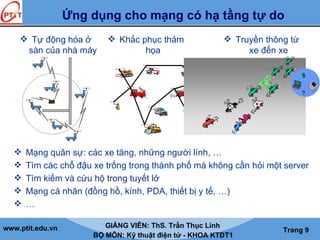 www.ptit.edu.vn GIẢNG VIÊN: ThS. Trần Thục Linh
BỘ MÔN: Kỹ thuật điện tử - KHOA KTĐT1
Trang 9
Ứng dụng cho mạng có hạ tầng tự do
 Tự động hóa ở
sàn của nhà máy
 Khắc phục thảm
họa
 Truyền thông từ
xe đến xe
ad
hoc
ad
hoc
 Mạng quân sự: các xe tăng, những người lính, …
 Tìm các chỗ đậu xe trống trong thành phố mà không cần hỏi một server
 Tìm kiếm và cứu hộ trong tuyết lở
 Mạng cá nhân (đồng hồ, kính, PDA, thiết bị y tế, …)
 …
 