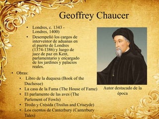 Geoffrey Chaucer
• Londres, c. 1343 -
Londres, 1400)
• Desempeñó los cargos de
interventor de aduanas en
el puerto de Londres
(1374-1386) y luego de
juez de paz en Kent,
parlamentario y encargado
de los jardines y palacios
reales.
Autor destacado de la
época
• Obras:
• Libro de la duquesa (Book of the
Duchesse)
• La casa de la Fama (The House of Fame)
• El parlamento de las aves (The
Parlement of Fowls)
• Troilo y Crésida (Troilus and Criseyde)
• Los cuentos de Canterbury (Canterbury
Tales)
 