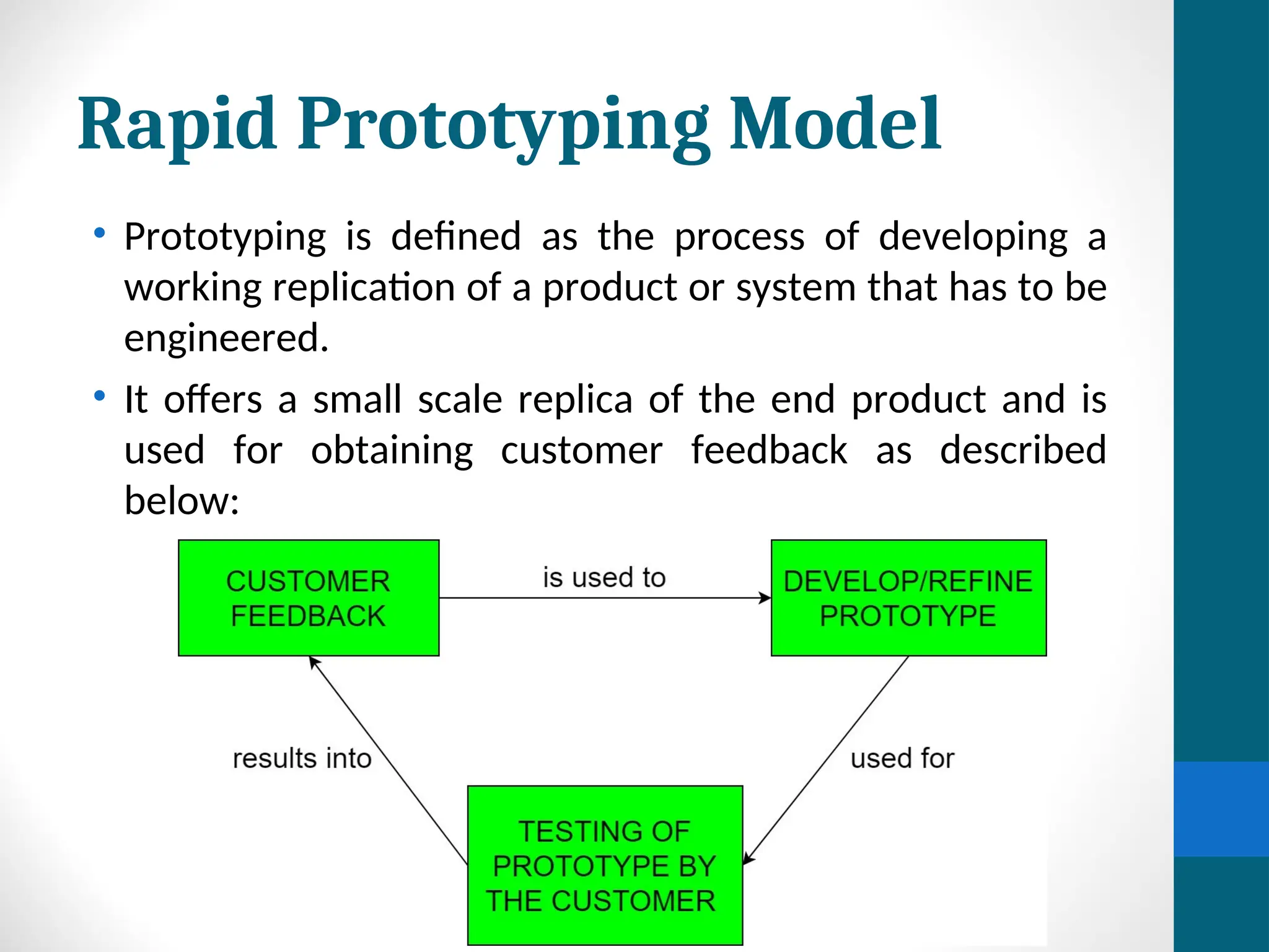 Rapid Prototyping Model
• Prototyping is defined as the process of developing a
working replication of a product or system that has to be
engineered.
• It offers a small scale replica of the end product and is
used for obtaining customer feedback as described
below:
 
