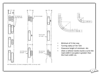 • Minimum of 2-line way
• Turning radius of 5m-12m
• Clearance height of minimum -4m
• when a vehicle travels round a curve the
road width it occupies is greater than
the track width on.
 