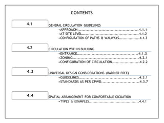4.1 GENERAL CIRCULATION GUIDELINES
4.2 CIRCULATION WITHIN BUILDING
CONTENTS
•APPROACH..............................................4.1.1
•AT SITE LEVEL…...........................................4.1.2
•CONFIGURATION OF PATHS & WALWAYS…...............4.1.3
•ENTRANCE…............................................4.1.3
•ZONING…................................................4.2.1
•CONFIGURATION OF CIRCULATION…....................4.2.2
4.3 UNIVERSAL DESIGN CONSIDERATIONS (BARRIER FREE)
•GUIDELINES…...........................................4.3.1
•STANDARDS AS PER CPWD.............................4.3.7
4.4 SPATIAL ARRANGEMENT FOR COMFORTABLE CICUATION
•TYPES & EXAMPLES….......................................4.4.1
 