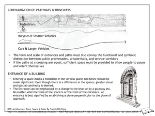 CONFIGURATION OF PATHWAYS & DRIVEWAYS
Pedestrians
Bicycles & Smaller Vehicles
Cars & Larger Vehicles
• The form and scale of entrances and paths must also convey the functional and symbolic
distinction between public promenades, private halls, and service corridors
• If the paths at a crossing are equal, sufficient space must be provided to allow people to pause
and orient themselves
ENTRANCE OF A BUILDING
• Entering a space marks a transition in the vertical plane and hence should be
made significant. Even though there is a difference in the spaces, greater visual
and spatial continuity is desired.
• The Entrance can be emphasised by a change in the level or by a gateway etc.
No matter what the form of the space is or the form of the enclosure, an
entrance is best signified by establishing a plane perpendicular to the plane of
approach.
REF: Architecture, Form, Space & Order By Francis DK Ching
http://www.slideshare.net/kumarsadananda/circulation-11087408?qid=abb872c1-11a8-4be1-8afe-5549ea70b3c0&v=&b=&from_search=1
 