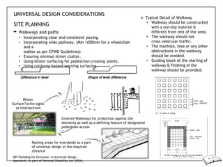UNIVERSAL DESIGN CONSIDERATIONS
SITE PLANNING
 Walkways and paths
• Incorporating clear and consistent paving.
• Incorporating wide pathway. (Min 1650mm for a wheelchair
and a
walker as per CPWD Guidelines)
• Ensuring minimal street clutter.
• Using blister surfacing for pedestrian crossing points.
• Using corduroy hazard warning surfacing.
 Typical Detail of Walkway
• Walkway should be constructed
with a non-slip material &
different from rest of the area.
• The walkway should not
cross vehicular traffic.
• The manhole, tree or any other
obstructions in the walkway
should be avoided.
• Guiding block at the starting of
walkway & finishing of the
walkway should be provided.
Blister
Surface/Tactile signal
at intersections
Covered Walkways for protection against the
elements as well as a defining feature of designated
pedestrian access
Resting areas for everybody as a part
of universal design at the required
distance
REF:Building for Everyone: A Universal Design
Approach, As part of National Disability Act (NDA),
 