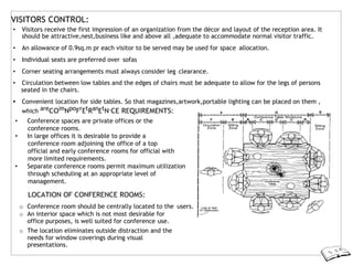 VISITORS CONTROL:
• Visitors receive the first impression of an organization from the décor and layout of the reception area. It
should be attractive,nest,business like and above all ,adequate to accommodate normal visitor traffic.
• An allowance of 0.9sq.m pr each visitor to be served may be used for space allocation.
• Individual seats are preferred over sofas
• Corner seating arrangements must always consider leg clearance.
• Circulation between low tables and the edges of chairs must be adequate to allow for the legs of persons
seated in the chairs.
• Convenient location for side tables. So that magazines,artwork,portable lighting can be placed on them ,
which areCOimNpoFrEtRanEtN.CE REQUIREMENTS:
• Conference spaces are private offices or the
conference rooms.
• In large offices it is desirable to provide a
conference room adjoining the office of a top
official and early conference rooms for official with
more limited requirements.
• Separate conference rooms permit maximum utilization
through scheduling at an appropriate level of
management.
LOCATION OF CONFERENCE ROOMS:
o Conference room should be centrally located to the users.
o An interior space which is not most desirable for
office purposes, is well suited for conference use.
o The location eliminates outside distraction and the
needs for window coverings during visual
presentations.
 