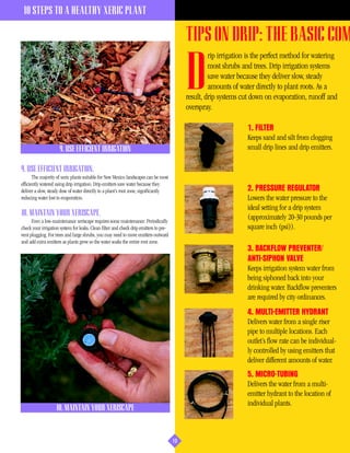 10 STEPS TO A HEALTHY XERIC PLANT

                                                                                            TIPS ON DRIP: THE BASIC COMP
                                                                                                     rip irrigation is the perfect method for watering


                                                                                            D        most shrubs and trees. Drip irrigation systems
                                                                                                     save water because they deliver slow, steady
                                                                                                     amounts of water directly to plant roots. As a
                                                                                            result, drip systems cut down on evaporation, runoff and
                                                                                            overspray.

                                                                                                                   1. FILTER
                                                                                                                   Keeps sand and silt from clogging
                     9. USE EFFICIENT IRRIGATION                                                                   small drip lines and drip emitters.

9. USE EFFICIENT IRRIGATION.
       The majority of xeric plants suitable for New Mexico landscapes can be most
efficiently watered using drip irrigation. Drip emitters save water because they
deliver a slow, steady dose of water directly to a plant’s root zone, significantly                                2. PRESSURE REGULATOR
reducing water lost to evaporation.                                                                                Lowers the water pressure to the
                                                                                                                   ideal setting for a drip system
10. MAINTAIN YOUR XERISCAPE.                                                                                       (approximately 20-30 pounds per
      Even a low-maintenance xeriscape requires some maintenance. Periodically
check your irrigation system for leaks. Clean filter and check drip emitters to pre-                               square inch (psi)).
vent plugging. For trees and large shrubs, you may need to move emitters outward
and add extra emitters as plants grow so the water soaks the entire root zone.
                                                                                                                   3. BACKFLOW PREVENTER/
                                                                                                                   ANTI-SIPHON VALVE
                                                                                                                   Keeps irrigation system water from
                                                                                                                   being siphoned back into your
                                                                                                                   drinking water. Backflow preventers
                                                                                                                   are required by city ordinances.
                                                                                                                   4. MULTI-EMITTER HYDRANT
                                                                                                                   Delivers water from a single riser
                                                                                                                   pipe to multiple locations. Each
                                                                                                                   outlet’s flow rate can be individual-
                                                                                                                   ly controlled by using emitters that
                                                                                                                   deliver different amounts of water.
                                                                                                                   5. MICRO-TUBING
                                                                                                                   Delivers the water from a multi-
                                                                                                                   emitter hydrant to the location of
                                                                                                                   individual plants.
                   10. MAINTAIN YOUR XERISCAPE



                                                                                       10
 