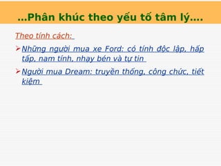 …Phân khúc theo yếu tố tâm lý….
Theo tính cách:
Những người mua xe Ford: có tính độc lập, hấp
tấp, nam tính, nhạy bén và tự tin
Người mua Dream: truyền thống, công chức, tiết
kiệm
 