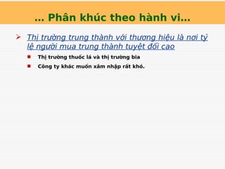 … Phân khúc theo hành vi…
 Thị trường trung thành với thương hiệu là nơi tỷ
lệ người mua trung thành tuyệt đối cao
 Thị trường thuốc lá và thị trường bia
 Công ty khác muốn xâm nhập rất khó.
 