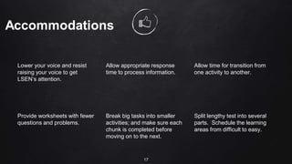 Lower your voice and resist
raising your voice to get
LSEN’s attention.
Allow appropriate response
time to process information.
Allow time for transition from
one activity to another.
Provide worksheets with fewer
questions and problems.
Break big tasks into smaller
activities; and make sure each
chunk is completed before
moving on to the next.
Split lengthy test into several
parts. Schedule the learning
areas from difficult to easy.
17
 