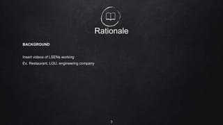 Rationale
BACKGROUND
Insert videos of LSENs working
Ex. Restaurant, LGU, engineering company
3
 