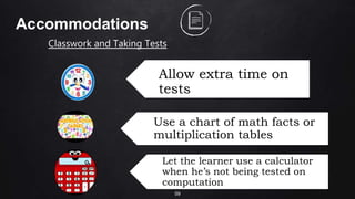 59
Accommodations
Classwork and Taking Tests
Allow extra time on
tests
Use a chart of math facts or
multiplication tables
Let the learner use a calculator
when he’s not being tested on
computation
 