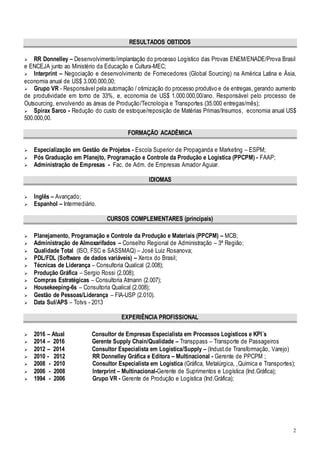 2
RESULTADOS OBTIDOS
 RR Donnelley – Desenvolvimento/implantação do processo Logístico das Provas ENEM/ENADE/Prova Brasil
e ENCEJA junto ao Ministério da Educação e Cultura-MEC;
 Interprint – Negociação e desenvolvimento de Fornecedores (Global Sourcing) na América Latina e Ásia,
economia anual de US$ 3.000.000,00;
 Grupo VR - Responsável pela automação / otimização do processo produtivo e de entregas, gerando aumento
de produtividade em torno de 33%, e, economia de US$ 1.000.000,00/ano. Responsável pelo processo de
Outsourcing, envolvendo as áreas de Produção/Tecnologia e Transportes (35.000 entregas/mês);
 Spirax Sarco - Redução do custo de estoque/reposição de Matérias Primas/Insumos, economia anual US$
500.000,00.
FORMAÇÃO ACADÊMICA
 Especialização em Gestão de Projetos - Escola Superior de Propaganda e Marketing – ESPM;
 Pós Graduação em Planejto, Programação e Controle da Produção e Logística (PPCPM) - FAAP;
 Administração de Empresas - Fac. de Adm. de Empresas Amador Aguiar.
IDIOMAS
 Inglês – Avançado;
 Espanhol – Intermediário.
CURSOS COMPLEMENTARES (principais)
 Planejamento, Programação e Controle da Produção e Materiais (PPCPM) – MCB;
 Administração de Almoxarifados – Conselho Regional de Administração – 3ª Região;
 Qualidade Total (ISO, FSC e SASSMAQ) – José Luiz Rosanova;
 PDL/FDL (Software de dados variáveis) – Xerox do Brasil;
 Técnicas de Liderança – Consultoria Qualical (2.008);
 Produção Gráfica – Sergio Rossi (2.008);
 Compras Estratégicas – Consultoria Atmann (2.007);
 Housekeeping-6s – Consultoria Qualical (2.008);
 Gestão de Pessoas/Liderança – FIA-USP (2.010).
 Data Sul/APS – Totvs - 2013
EXPERIÊNCIA PROFISSIONAL
 2016 – Atual Consultor de Empresas Especialista em Processos Logísticos e KPI´s
 2014 – 2016 Gerente Supply Chain/Qualidade – Transppass – Transporte de Passageiros
 2012 – 2014 Consultor Especialista em Logística/Supply – (Indust.de Transformação, Varejo)
 2010 - 2012 RR Donnelley Gráfica e Editora – Multinacional - Gerente de PPCPM ;
 2008 - 2010 Consultor Especialista em Logística (Gráfica, Metalúrgica, ,Química e Transportes);
 2006 - 2008 Interprint – Multinacional-Gerente de Suprimentos e Logística (Ind.Gráfica);
 1994 - 2006 Grupo VR - Gerente de Produção e Logística (Ind.Gráfica);
 