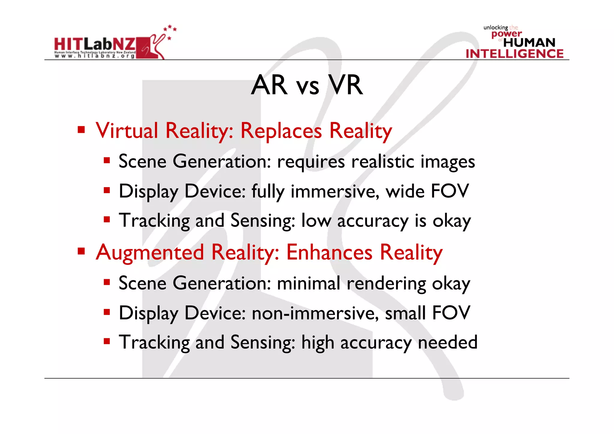 AR vs VR
  Virtual Reality: Replaces Reality
  Scene Generation: requires realistic images
  Display Device: fully immersive, wide FOV
  Tracking and Sensing: low accuracy is okay
  Augmented Reality: Enhances Reality
  Scene Generation: minimal rendering okay
  Display Device: non-immersive, small FOV
  Tracking and Sensing: high accuracy needed
 