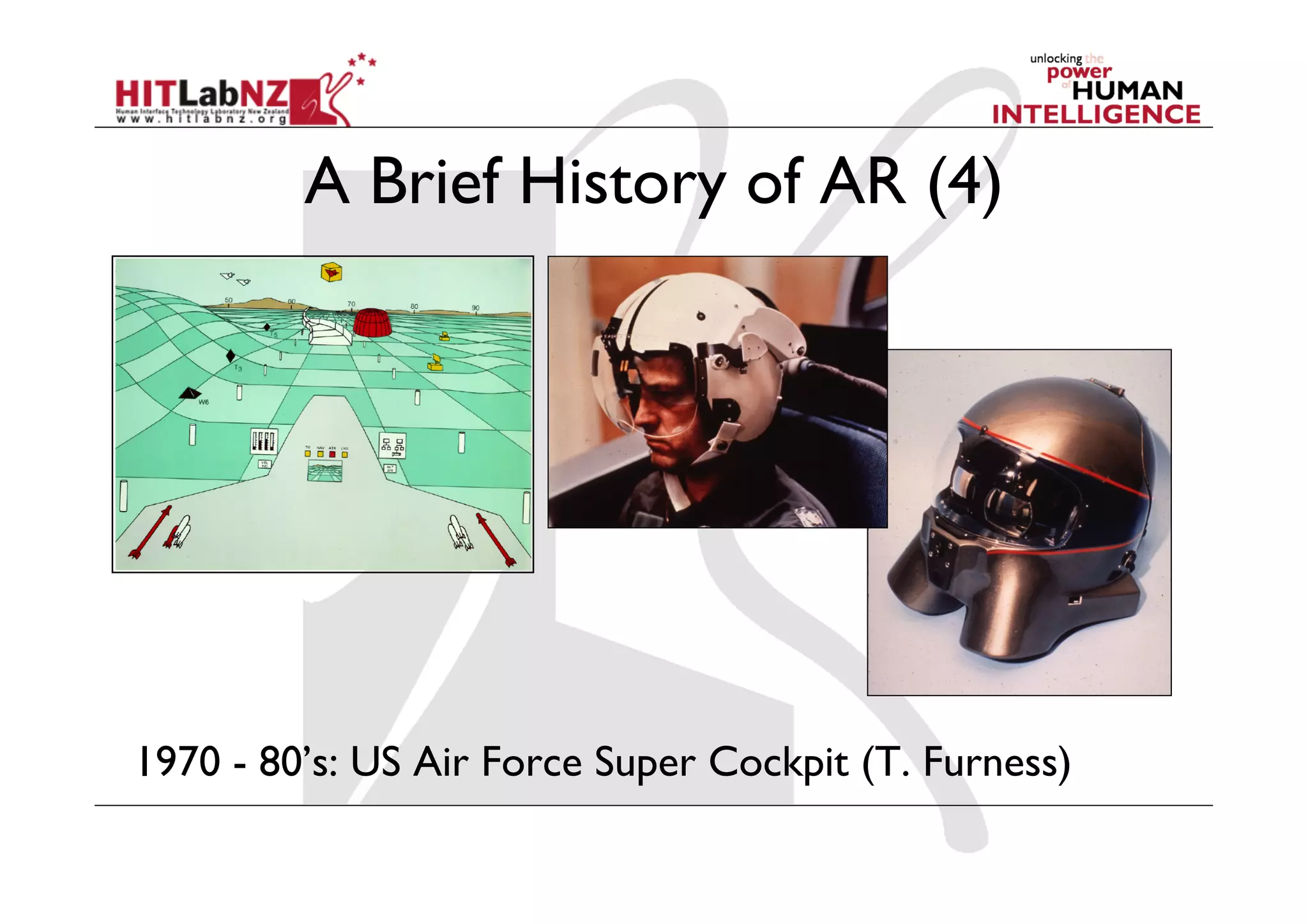 A Brief History of AR (4)
1970 - 80’s: US Air Force Super Cockpit (T. Furness)
 