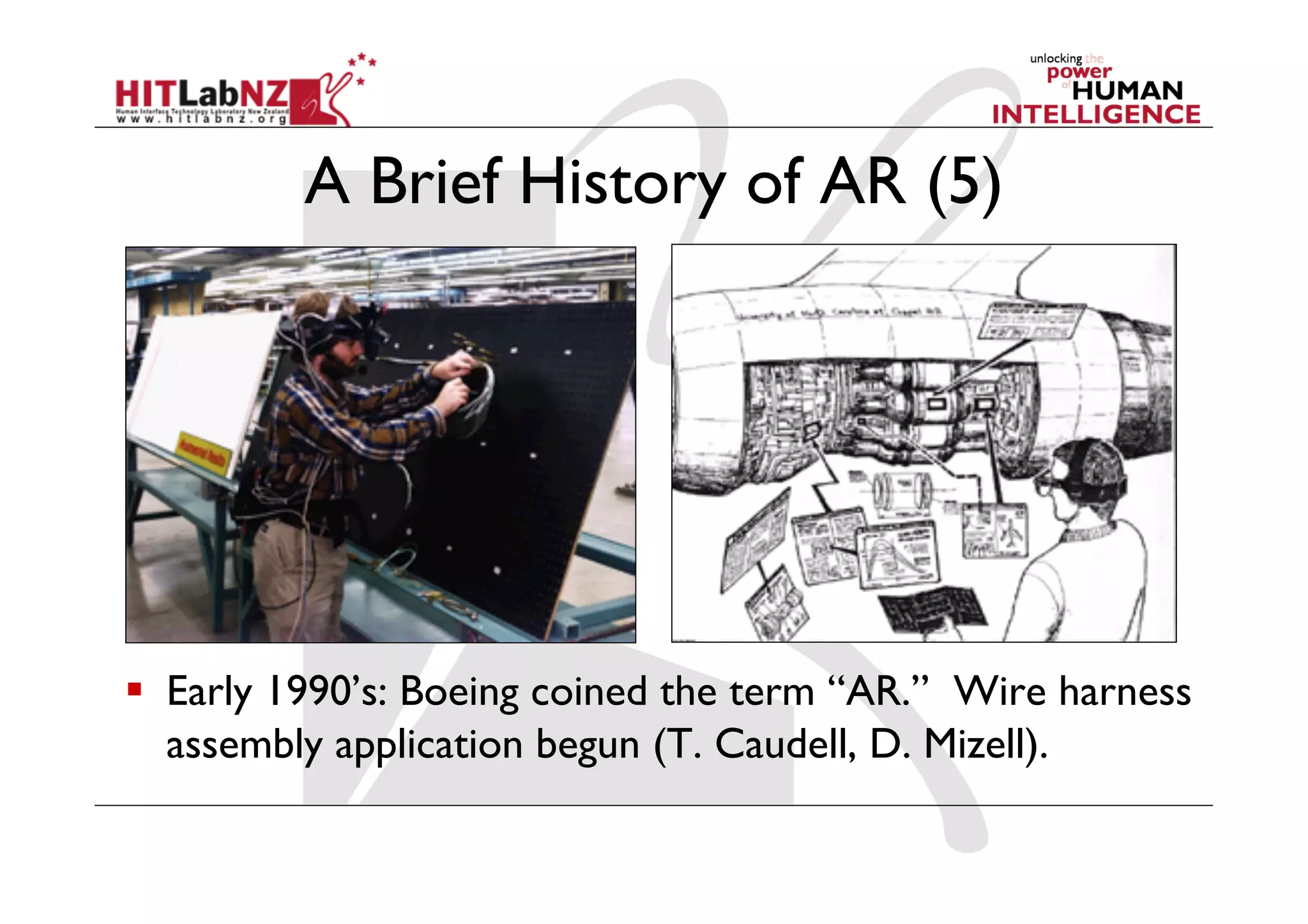 A Brief History of AR (5)
  Early 1990’s: Boeing coined the term “AR.” Wire harness
assembly application begun (T. Caudell, D. Mizell).
 