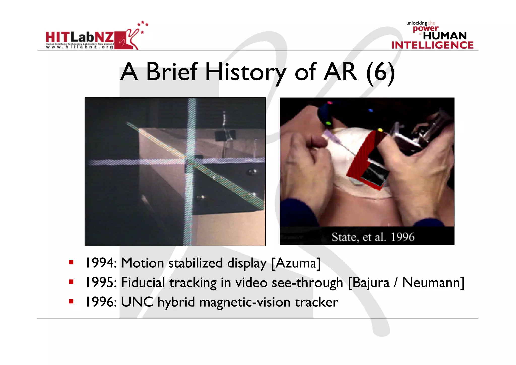 A Brief History of AR (6)
  1994: Motion stabilized display [Azuma]
  1995: Fiducial tracking in video see-through [Bajura / Neumann]
  1996: UNC hybrid magnetic-vision tracker
 