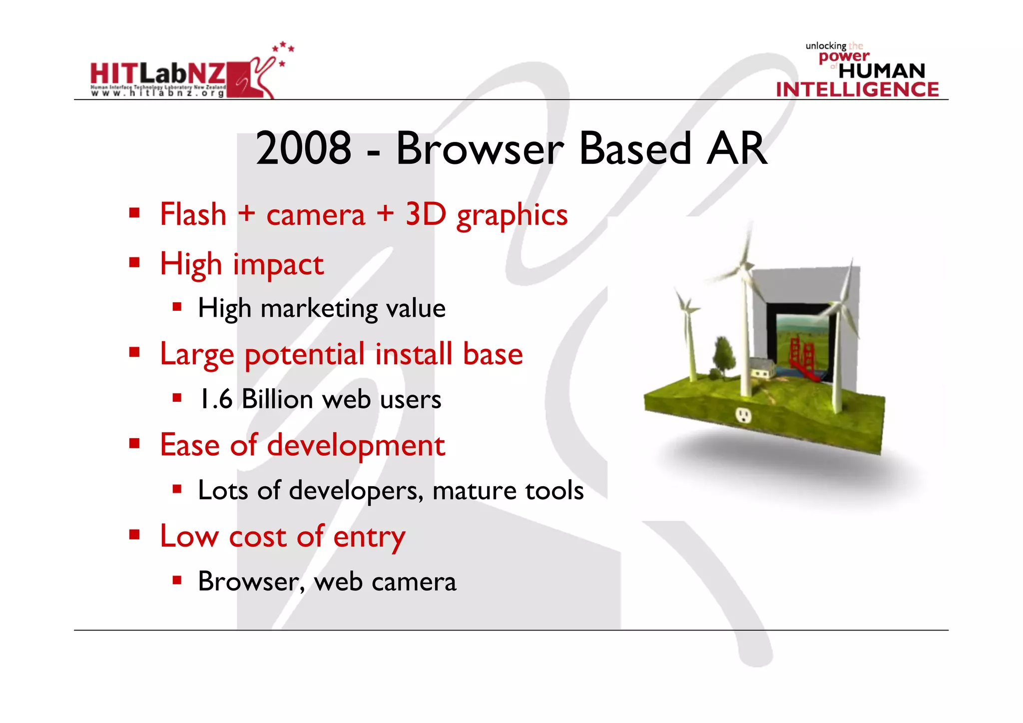 2008 - Browser Based AR
  Flash + camera + 3D graphics
  High impact
  High marketing value
  Large potential install base
  1.6 Billion web users
  Ease of development
  Lots of developers, mature tools
  Low cost of entry
  Browser, web camera
 