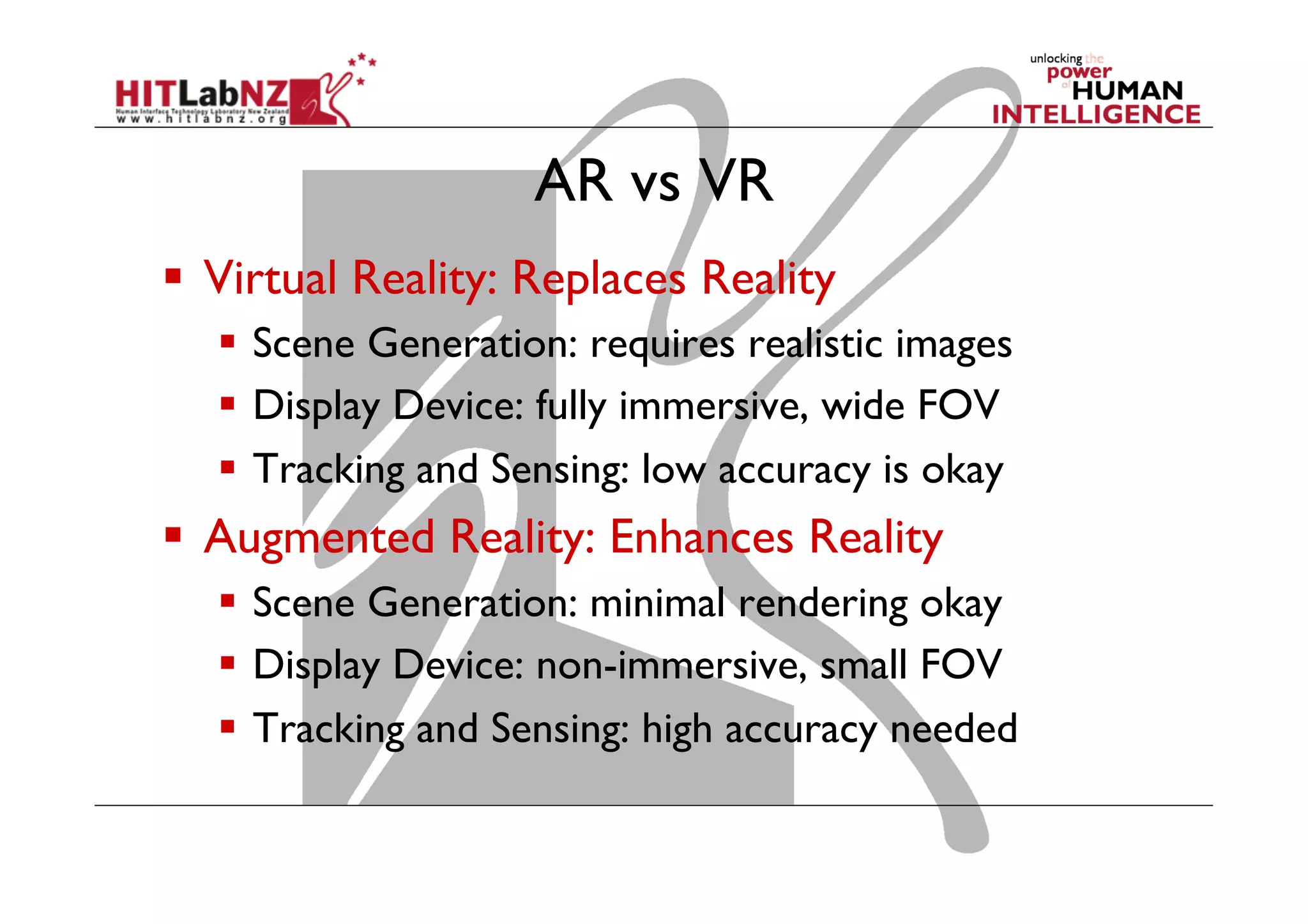 AR vs VR
  Virtual Reality: Replaces Reality
  Scene Generation: requires realistic images
  Display Device: fully immersive, wide FOV
  Tracking and Sensing: low accuracy is okay
  Augmented Reality: Enhances Reality
  Scene Generation: minimal rendering okay
  Display Device: non-immersive, small FOV
  Tracking and Sensing: high accuracy needed
 