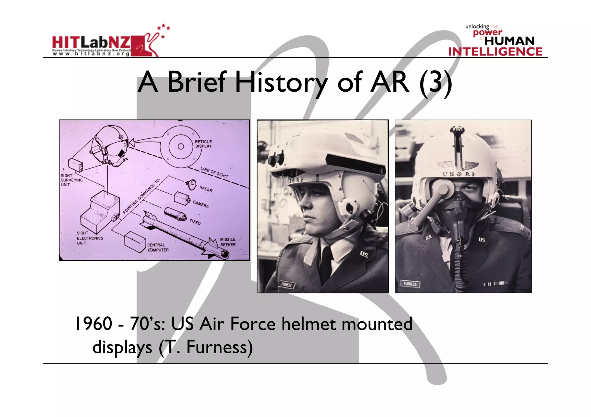 A Brief History of AR (3)
1960 - 70’s: US Air Force helmet mounted
displays (T. Furness)
 