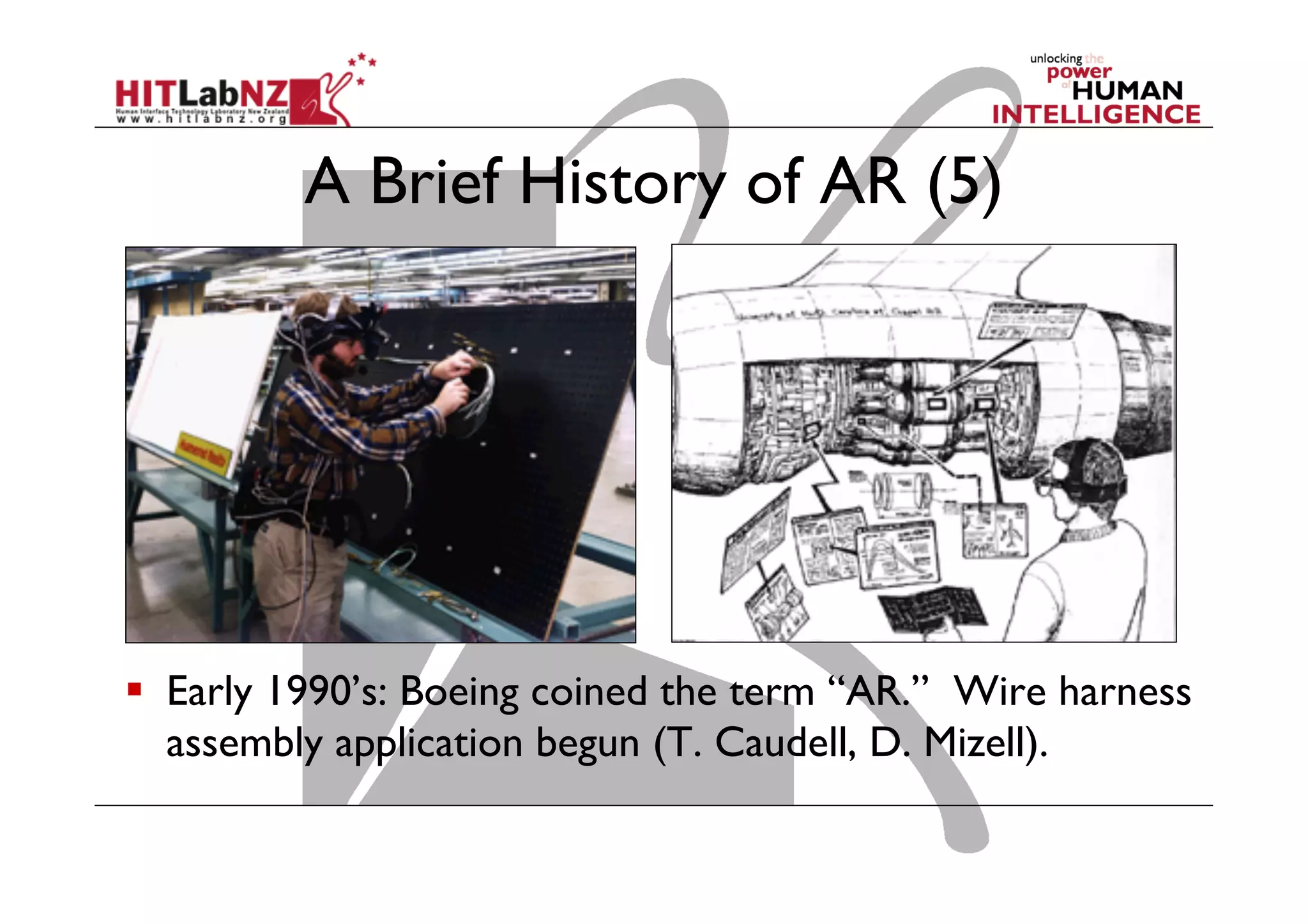 A Brief History of AR (5)
  Early 1990’s: Boeing coined the term “AR.” Wire harness
assembly application begun (T. Caudell, D. Mizell).
 