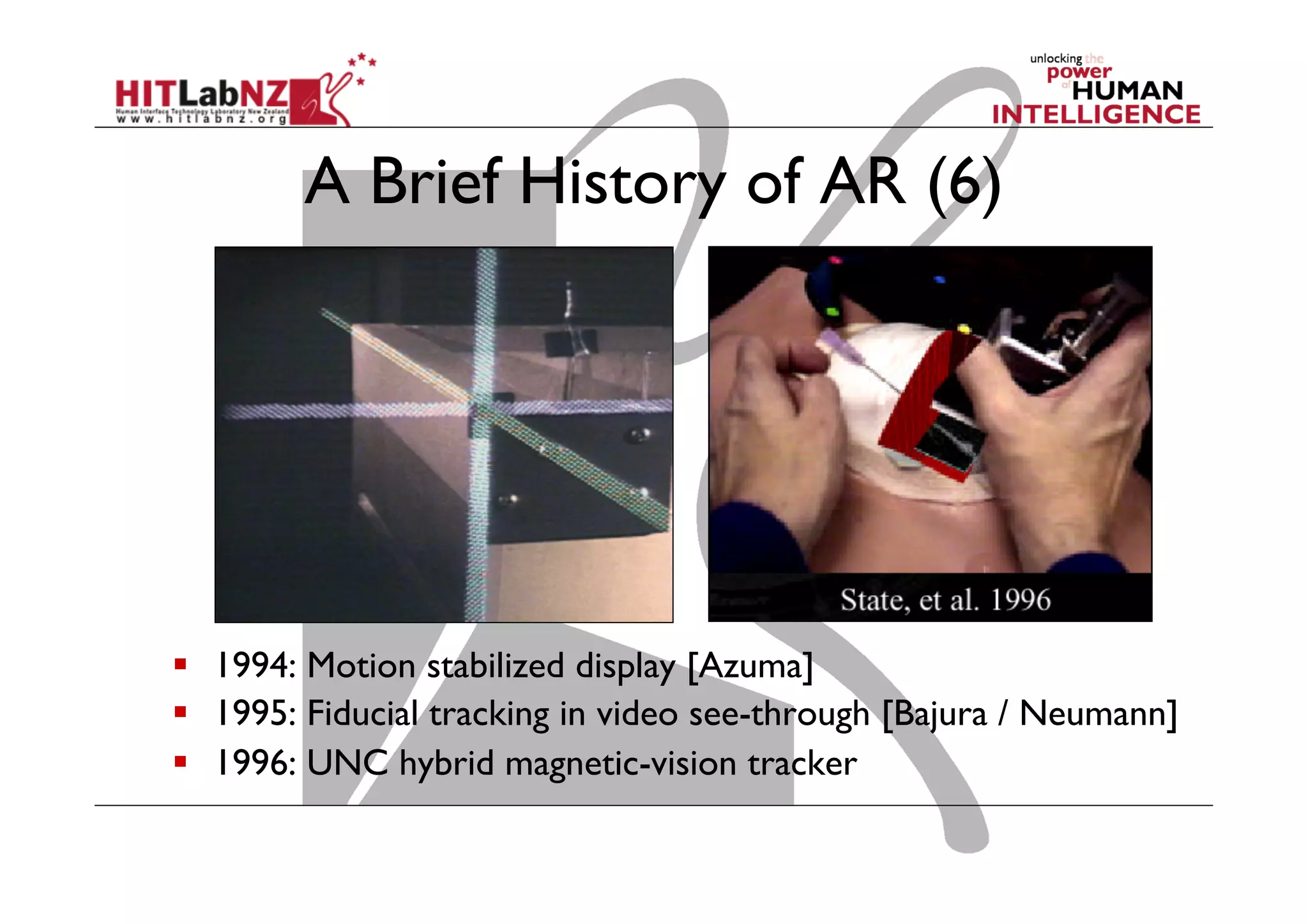A Brief History of AR (6)
  1994: Motion stabilized display [Azuma]
  1995: Fiducial tracking in video see-through [Bajura / Neumann]
  1996: UNC hybrid magnetic-vision tracker
 