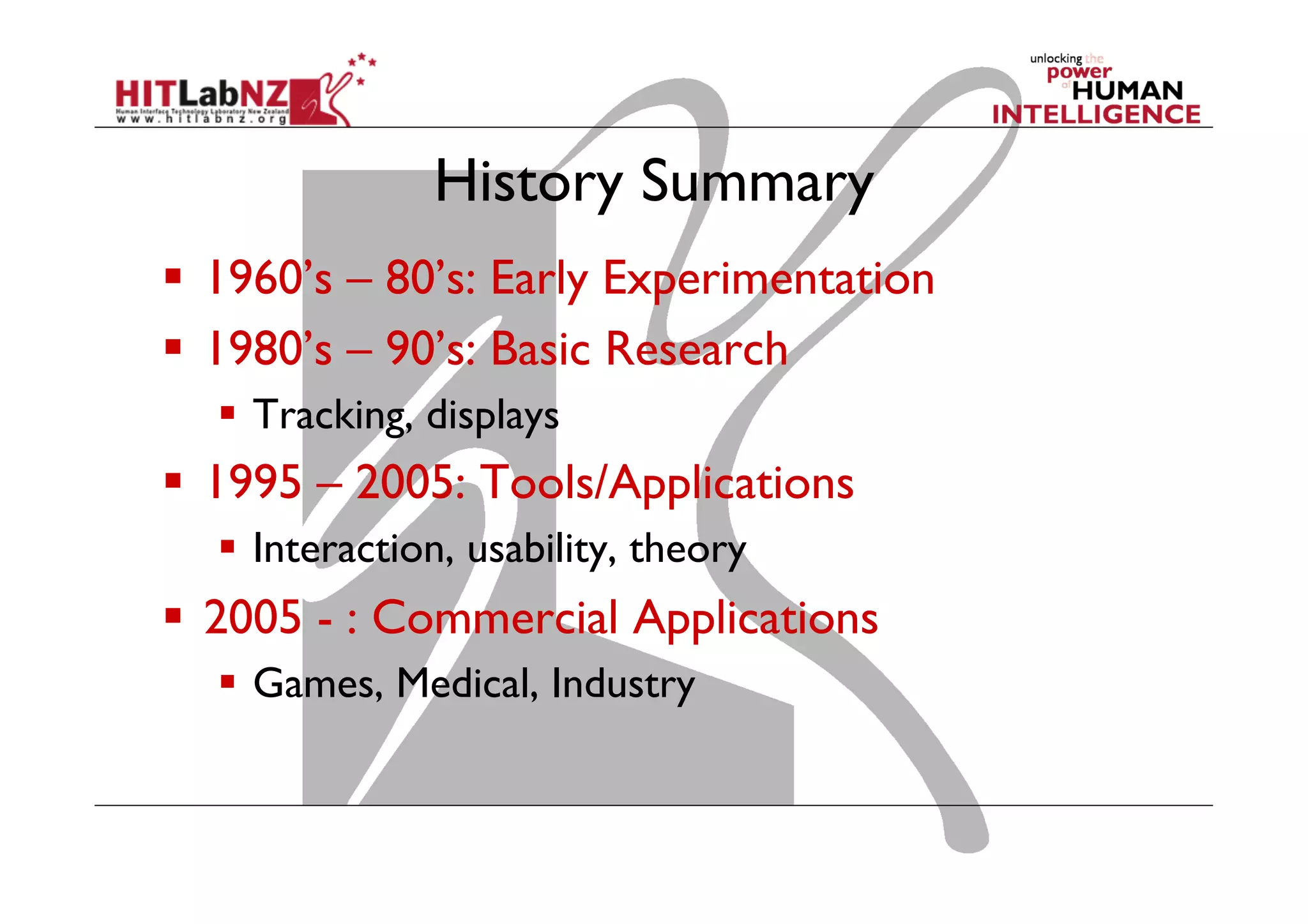 History Summary
  1960’s – 80’s: Early Experimentation
  1980’s – 90’s: Basic Research
  Tracking, displays
  1995 – 2005: Tools/Applications
  Interaction, usability, theory
  2005 - : Commercial Applications
  Games, Medical, Industry
 