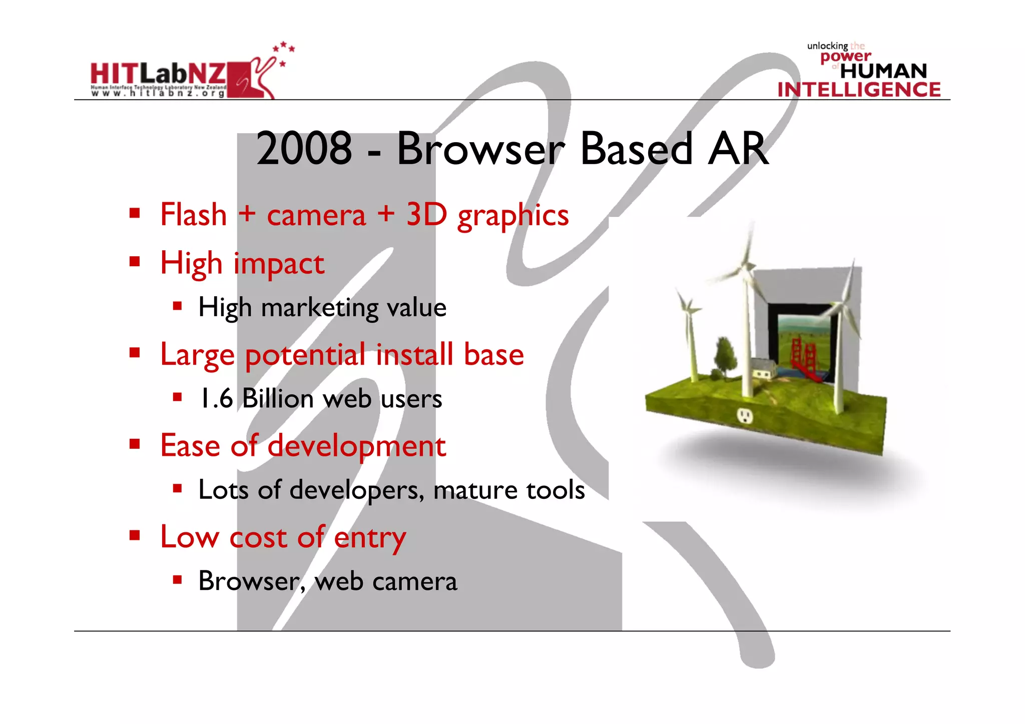 2008 - Browser Based AR
  Flash + camera + 3D graphics
  High impact
  High marketing value
  Large potential install base
  1.6 Billion web users
  Ease of development
  Lots of developers, mature tools
  Low cost of entry
  Browser, web camera
 