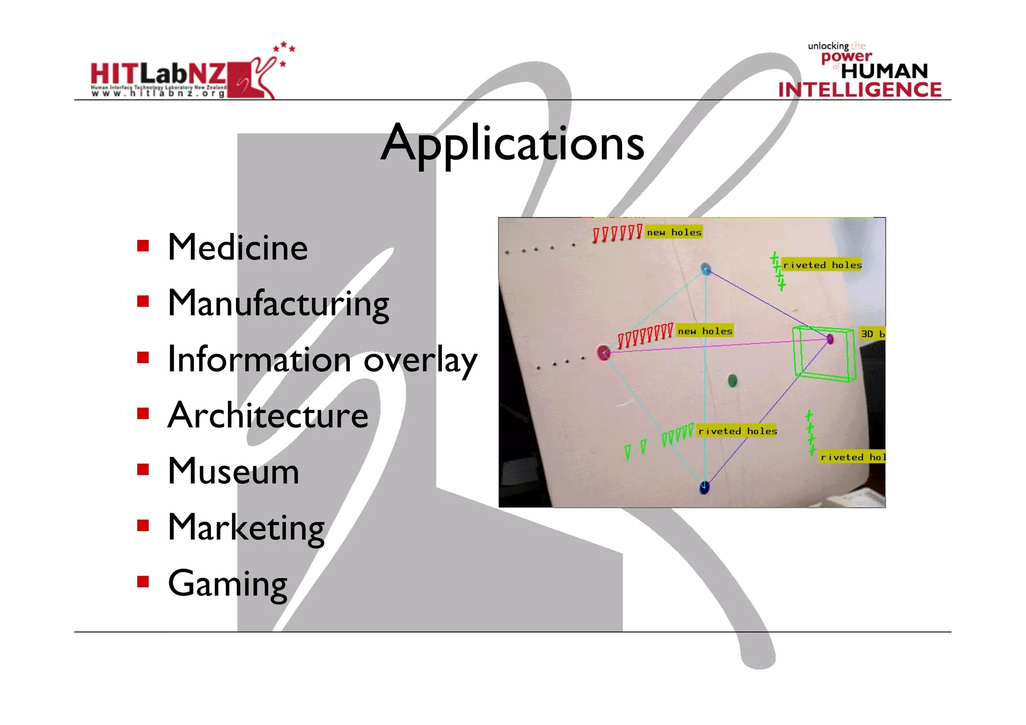 Applications
  Medicine
  Manufacturing
  Information overlay
  Architecture
  Museum
  Marketing
  Gaming
 
