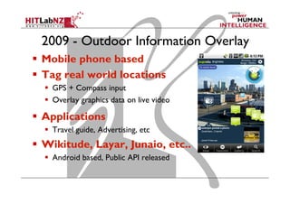 2009 - Outdoor Information Overlay
  Mobile phone based
  Tag real world locations
  GPS + Compass input
  Overlay graphics data on live video
  Applications
  Travel guide, Advertising, etc
  Wikitude, Layar, Junaio, etc..
  Android based, Public API released
 