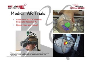 Medical AR Trials
  Sauer et al. 2000 at Siemens
Corporate Research, NJ
  Stereo video see through
F. Sauer, Ali Khamene, S. Vogt: An Augmented Reality Navigation System with a
Single-Camera Tracker: System Design and Needle Biopsy Phantom Trial,
MICCAI 2002
 