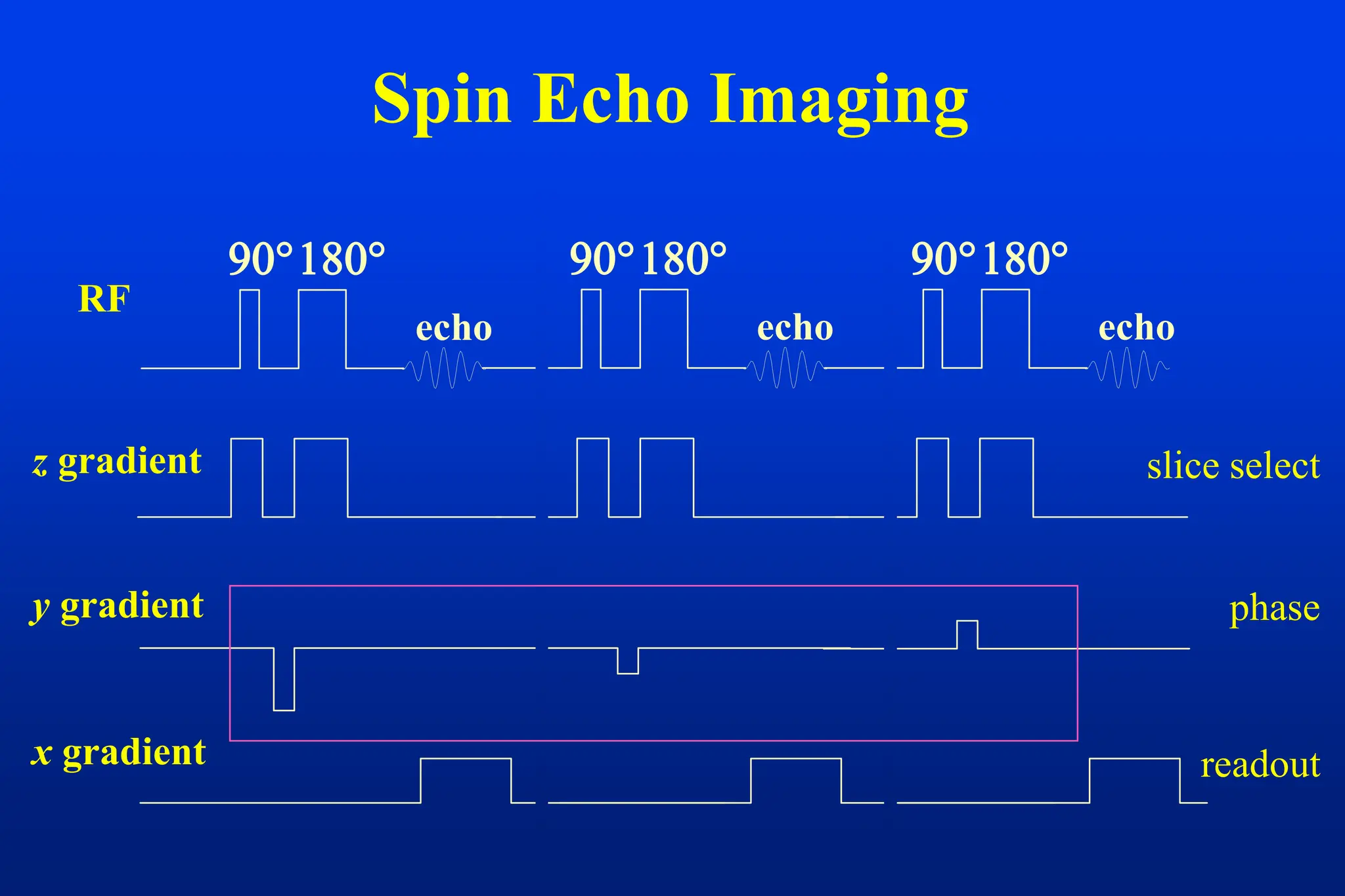 Spin Echo Imaging
RF
z gradient
echo

echo

echo

y gradient
x gradient
slice select
phase
readout
 