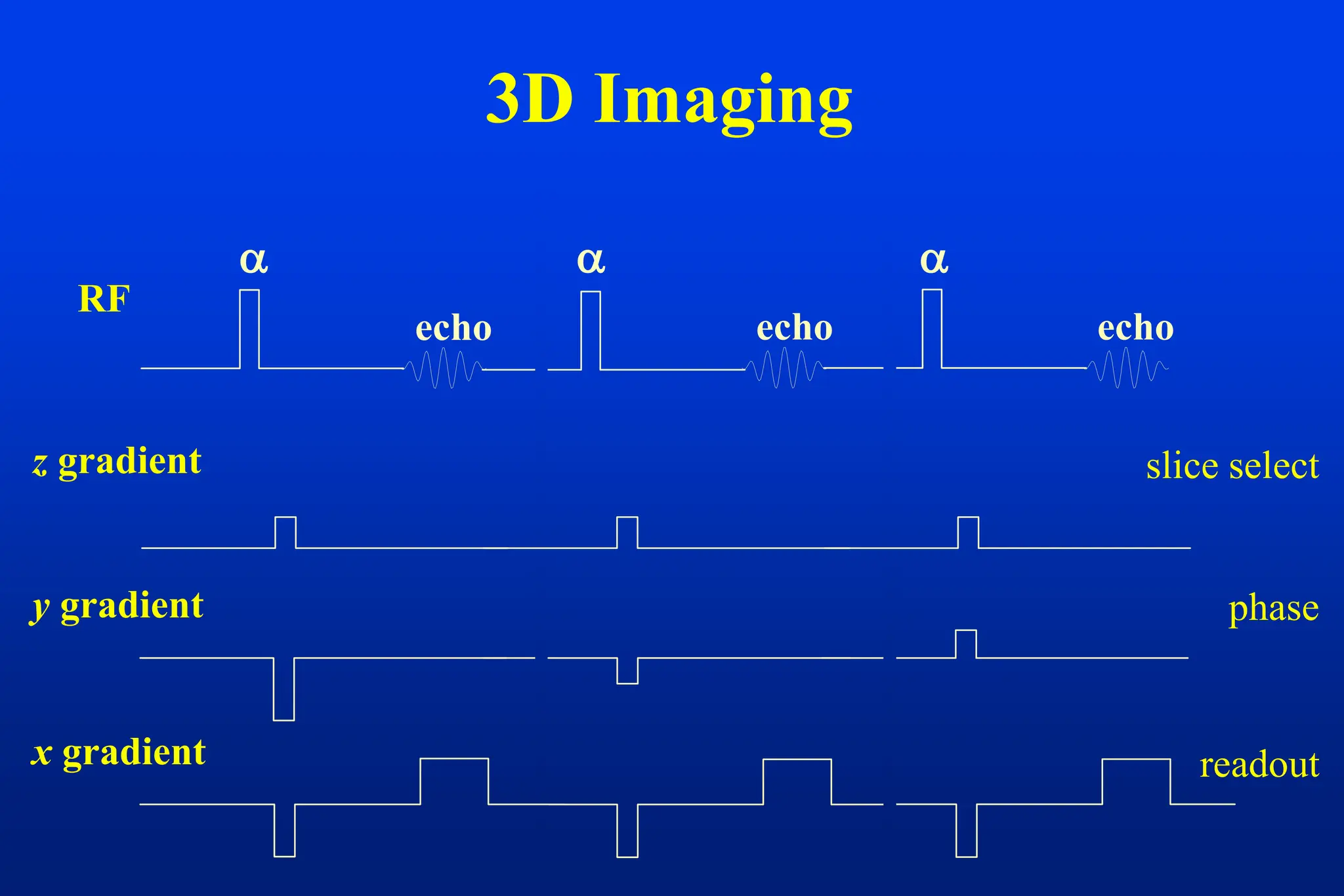 3D Imaging
RF
z gradient
echo

echo

echo

y gradient
x gradient
slice select
phase
readout
 