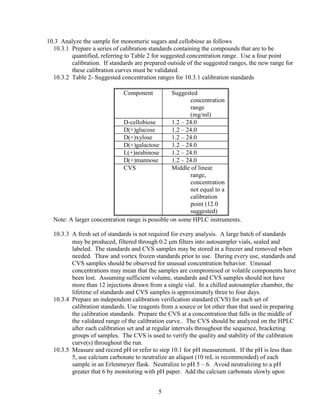 10.3 Analyze the sample for monomeric sugars and cellobiose as follows
10.3.1 Prepare a series of calibration standards containing the compounds that are to be
quantified, referring to Table 2 for suggested concentration range. Use a four point
calibration. If standards are prepared outside of the suggested ranges, the new range for
these calibration curves must be validated.
10.3.2 Table 2- Suggested concentration ranges for 10.3.1 calibration standards
Component Suggested
concentration
range
(mg/ml)
D-cellobiose 1.2 – 24.0
D(+)glucose 1.2 – 24.0
D(+)xylose 1.2 – 24.0
D(+)galactose 1.2 – 24.0
L(+)arabinose 1.2 – 24.0
D(+)mannose 1.2 – 24.0
CVS Middle of linear
range,
concentration
not equal to a
calibration
point (12.0
suggested)
Note: A larger concentration range is possible on some HPLC instruments.
10.3.3 A fresh set of standards is not required for every analysis. A large batch of standards
may be produced, filtered through 0.2 μm filters into autosampler vials, sealed and
labeled. The standards and CVS samples may be stored in a freezer and removed when
needed. Thaw and vortex frozen standards prior to use. During every use, standards and
CVS samples should be observed for unusual concentration behavior. Unusual
concentrations may mean that the samples are compromised or volatile components have
been lost. Assuming sufficient volume, standards and CVS samples should not have
more than 12 injections drawn from a single vial. In a chilled autosampler chamber, the
lifetime of standards and CVS samples is approximately three to four days.
10.3.4 Prepare an independent calibration verification standard (CVS) for each set of
calibration standards. Use reagents from a source or lot other than that used in preparing
the calibration standards. Prepare the CVS at a concentration that falls in the middle of
the validated range of the calibration curve.. The CVS should be analyzed on the HPLC
after each calibration set and at regular intervals throughout the sequence, bracketing
groups of samples. The CVS is used to verify the quality and stability of the calibration
curve(s) throughout the run.
10.3.5 Measure and record pH or refer to step 10.1 for pH measurement. If the pH is less than
5, use calcium carbonate to neutralize an aliquot (10 mL is recommended) of each
sample in an Erlenmeyer flask. Neutralize to pH 5 – 6. Avoid neutralizing to a pH
greater that 6 by monitoring with pH paper. Add the calcium carbonate slowly upon
5
 