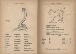 14 GAH'I'IUI. 1l 1DEIHAX'T'E
copo cabeça cobra
caderno cobertor cabreiro
cabra cocada cubo
coco canavial cana
cabo carroça
.carrocetro
cavai lo capa canella
copa C4)peiro cachorro
cão cadeira cachorrinho
l HTILIJ  B  t I>EIH  1'l'h 15
5.• Lição (G G gg )
O gato é branco.
-O gatinho sabe correr.
-O 2!tinho ~sta de ~lodices.
Paulo é um gigante.
O gelo conserva os alimentos.
-Bellinha bebeu uma gota de remedio
gato
gigante
gelo
gotta
fogo
- ga
- gi
.. ge
- go
- fo
-
faca - fa
filho - fi
felicidade - fe
fogo - fo
fumaça - fu
 