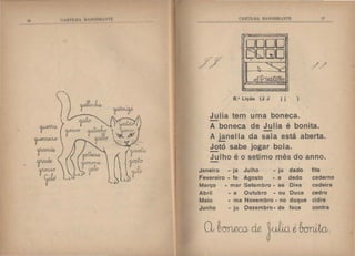 16 I' H'I'IJ.IJ  H iIH'IH,:Th CAH1'ILH. BtNDI~I RANTE
·oooo
OQGJO- -
"'-
6 .• Lição (J J j j )
Julia tem uma boneca.
-
li
//
A boneca de JuI ia é bonita.
A janella da sala está aberta.
-Jotó sabe jogar bola.
-Julho é o setimo mês do anno.
Janeiro - ja Julho - ju dado
Fevereiro - te Agosto - a dedo
Março - mar Setembro - se Diva
Abril - a Outubro - ou Duca
Maio .. ma Novembro - no duque
Junho - ju Dezembro- de faca
fita
caderno
cadeira
cedro
cidra
contra
 