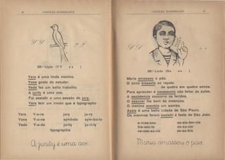 .Oti
Vara
Vone
Veda
I  H 111.11 B  . llf"IHA: 11
y y
28.0
lição (V Y y y
Vara é uma linda menina.
-Vone gosta de estudar.
Veda fez um bello trabalho.
A juri!_l é uma ave.
)
Fui assistir a uma sessão de jury.
Vara tem um irmão que é typographo
V-a-ra jury ju-ry
V-o-ne symbolo sym-bo-lo
V-e-da íurity ju-rl-ty
typographia
C  H111.11 ~ B :>; 111•111 : n: li
.) J
29.• Lição (S s ss )
Maria amassou o pão.
O anno bissexto se repete
de quatro em quatro annos.
Para aprender é necessario não faltar ás aulas.
A assistencia soccorre os feridos.
O assucar faz bem ás creanças.
O menino assobia um samba.
Assis é uma bella cidade de São Paulo.
Os meninos foram assistir á festa de São João.
a-mas-sou
bis-sex-to
ne-ces-sa-rio
as-sis-ten-cia
as-su-car
as-so-bia
 