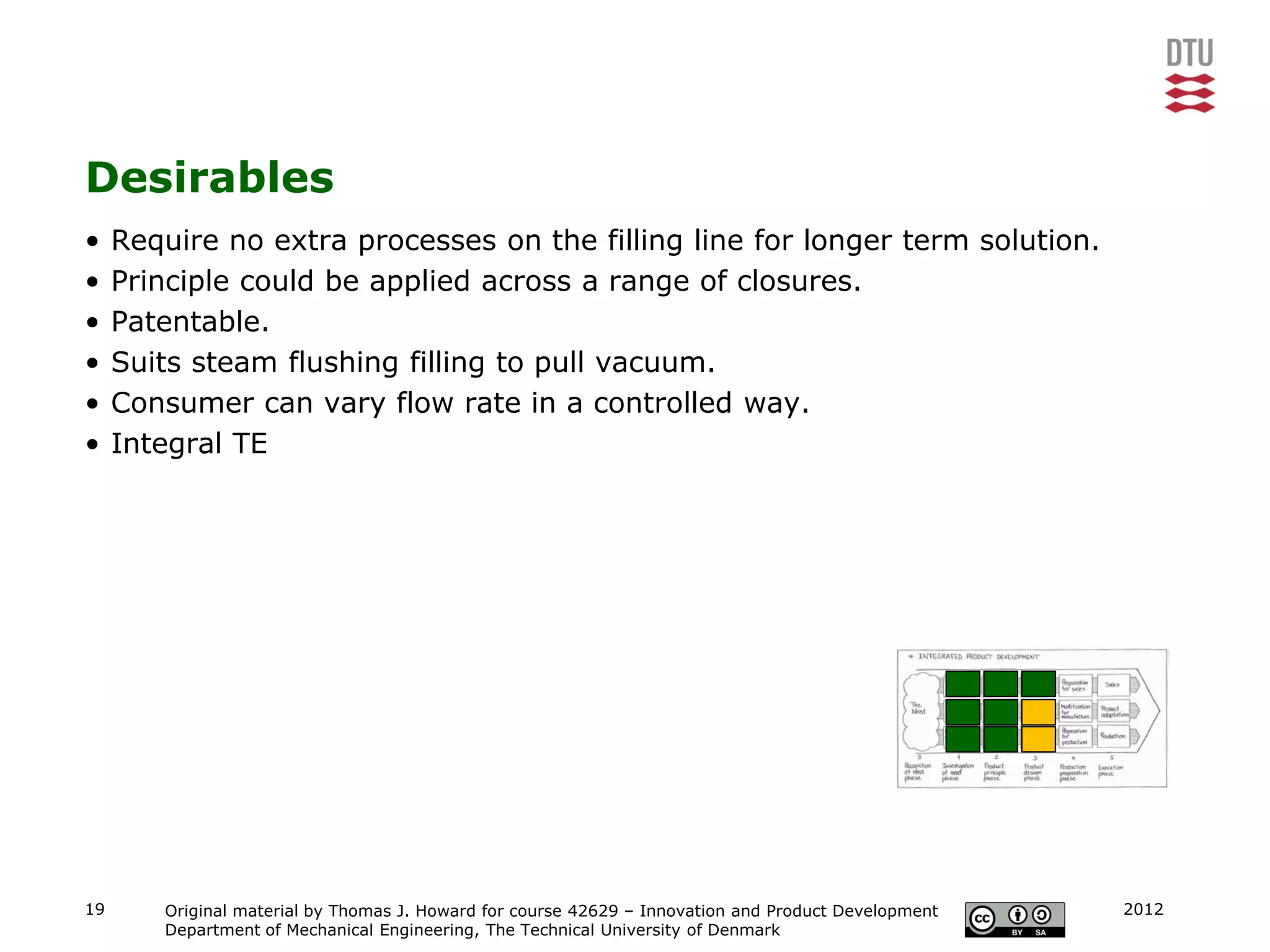 Desirables
•    Require no extra processes on the filling line for longer term solution.
•    Principle could be applied across a range of closures.
•    Patentable.
•    Suits steam flushing filling to pull vacuum.
•    Consumer can vary flow rate in a controlled way.
•    Integral TE




19      Original material by Thomas J. Howard for course 42629 – Innovation and Product Development   2012
        Department of Mechanical Engineering, The Technical University of Denmark
 