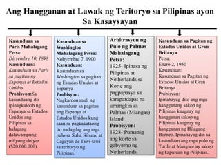 Ang Hangganan at Lawak ng Teritoryo sa Pilipinas ayon
Sa Kasaysayan
Kasunduan sa
Paris Mahalagang
Petsa:
Disyembre 10, 1898
Kasunduan:
Kasunduan sa Paris
sa pagitan ng
Espanya at Estados
Unidos
Probisyon:Sa
kasunduang ito
ipinagkaloob ng
Espanya sa Estados
Unidos ang
Pilipinas sa
halagang
dalawampung
milyong dolyar
($20,000.000).
Kasunduan sa
Washington
Mahalagang Petsa:
Nobyembre 7, 1900
Kasunduan:
Kasunduan sa
Washington sa pagitan
ng Estados Unidos at
Espanya
Probisyon:
Nagkaroon muli ng
kasunduan sa pagitan
ang Espanya at
Estados Unidos kung
saan sa pagkakataong
ito nadagdag ang mga
pulo sa Sulu, Sibuto, at
Cagayan de Tawi-tawi
sa teritoryo ng
Pilipinas.
Arbitrasyon ng
Pulo ng Palmas
Mahalagang
Petsa:
1925- Ipinasa ng
Pilipinas at
Netherlands sa
Korte ang
pagpapasya sa
karapatdapat na
umangkin sa
Palmas (Miangas)
Island
Probisyon:
1928- Pumanig
ang korte sa
gobyerno ng
Netherlands
Kasunduan sa Pagitan ng
Estados Unidos at Gran
Britanya
Petsa:
Enero 2, 1930
Kasunduan:
Kasunduan sa Pagitan ng
Estados Unidos at Gran
Britanya
Probisyon:
Ipinahayag dito ang mga
hangganang sakop ng
Pilipinas kaugnay ng
hangganan sakop ng
Pilipinas kaugnay ng
hangganan ng Hilagang
Borneo. Ipinahayag din sa
kasunduan ang mga pulo ng
Turtle at Mangsee ay sakop
ng kapuluan ng Pilipinas.
 