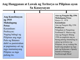 Ang Hangganan at Lawak ng Teritoryo sa Pilipinas ayon
Sa Kasaysayan
Ang Konstitusyon
ng 1935
Mahalagang
Petsa:
Kasunduan:
Probisyon:
Naging bahagi ng
Pilipinas ang mga
Pulo ng Batanes
dahil sa paninirahan
at pagmamay-ari ng
mga mamamayang
Pilipino sa mga
pulong ito.
Atas ng Pangulo Blg 1596
Mahalagang Petsa:
Hunyo 11, 1978
Kasunduan:
Atas ng Pangulo Blg 1596
Probisyon:
Nilagdaan ni Pangulong
Ferdinand E. Marcos ang
Atas ng Pangulo Bilang
1596 na-angkinin ang sa
baong pulong itinuturing na
sakop ng teritoryo ng
Pilipinas, ito ay walang iba
kundi ang pangkat ng mga
pulo ng Kalayaan o Spratly
Islands at Panatag o
Scarbourough Shoal
 