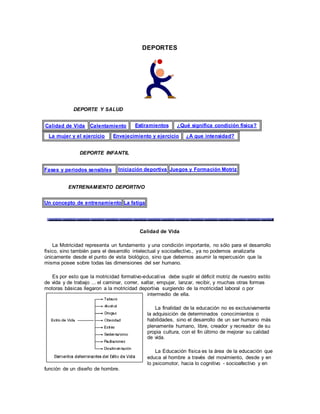 DEPORTES
DEPORTE Y SALUD
Calidad de Vida Calentamiento Estiramientos ¿Qué significa condición física?
La mujer y el ejercicio Envejecimiento y ejercicio ¿A que intensidad?
DEPORTE INFANTIL
Fases y periodos sensibles Iniciación deportiva Juegos y Formación Motriz
ENTRENAMIENTO DEPORTIVO
Un concepto de entrenamiento La fatiga
Calidad de Vida
La Motricidad representa un fundamento y una condición importante, no sólo para el desarrollo
físico, sino también para el desarrollo intelectual y socioafectivo., ya no podemos analizarla
únicamente desde el punto de vista biológico, sino que debemos asumir la repercusión que la
misma posee sobre todas las dimensiones del ser humano.
Es por esto que la motricidad formativo-educativa debe suplir el déficit motriz de nuestro estilo
de vida y de trabajo ... el caminar, correr, saltar, empujar, lanzar, recibir, y muchas otras formas
motoras básicas llegaron a la motricidad deportiva surgiendo de la motricidad laboral o por
intermedio de ella.
La finalidad de la educación no es exclusivamente
la adquisición de determinados conocimientos o
habilidades, sino el desarrollo de un ser humano más
plenamente humano, libre, creador y recreador de su
propia cultura, con el fin último de mejorar su calidad
de vida.
La Educación física es la área de la educación que
educa al hombre a través del movimiento, desde y en
lo psicomotor, hacia lo cognitivo - socioafectivo y en
función de un diseño de hombre.
 