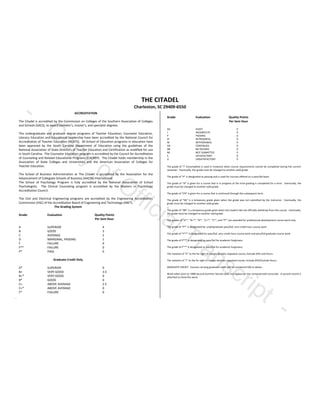 THE CITADEL
Charleston, SC 29409-6550
ACCREDITATION
The Citadel is accredited by the Commission on Colleges of the Southern Association of Colleges
and  Schools  (SACS),  to  award  bachelor’s,  master’s,  and  specialist  degrees.
The undergraduate and graduate degree programs of Teacher Education, Counselor Education,
Literacy Education and Educational Leadership have been accredited by the National Council for
Accreditation of Teacher Education (NCATE). All School of Education programs in education have
been approved by the South Carolina Department of Education using the guidelines of the
National Association of State Directors of Teacher Education and Certification as modified for use
in South Carolina. The Counselor Education program is accredited by the Council for Accreditation
of Counseling and Related Educational Programs (CACREP). The Citadel holds membership in the
Association of State Colleges and Universities and the American Association of Colleges for
Teacher Education.
The School of Business Administration at The Citadel is accredited by the Association for the
Advancement of Collegiate Schools of Business (AACSB) International.
The School of Psychology Program is fully accredited by the National Association of School
Psychologists. The Clinical Counseling program is accredited by the Masters in Psychology
Accreditation Council.
The Civil and Electrical Engineering programs are accredited by the Engineering Accreditation
Commission (EAC) of the Accreditation Board of Engineering and Technology (ABET).
The Grading System
Grade Evaluation Quality Points
Per Sem Hour
A SUPERIOR 4
B GOOD 3
C AVERAGE 2
D MARGINAL, PASSING 1
F FAILURE 0
F** FAILURE 0
P* PASS 0
Graduate Credit Only
A* SUPERIOR 0
B+ VERY GOOD 3.5
B+* VERY GOOD 0
B* GOOD 0
C+ ABOVE AVERAGE 2.5
C+* ABOVE AVERAGE 0
F* FAILURE 0
Grade Evaluation Quality Points
Per Sem Hour
AU AUDIT 0
I INCOMPLETE 0
P PASSING 0
IP IN PROGRESS 0
W WITHDRAWAL 0
CN CONTINUED 0
NR NO RECORD 0
NS NOT SUBMITTED 0
S SATISFACTORY 0
U UNSATISFACTORY 0
The  grade  of  “I”  (Incomplete)  is  used  in  instances  when  course  requirements  cannot  be  completed  during  the  current  
semester. Eventually, the grade must be changed to another valid grade.
The  grade  of  “P”  is  designated  as  passing  and  is  used  for  courses  offered  on  a  pass/fail  basis.
The  grade  of  “IP”  is  given  for  a  course  that  is  in  progress  at  the  time  grading  is  completed  for  a  term.    Eventually, the
grade must be changed to another valid grade.
The  grade  of  “CN”  is  given  for  a  course  that  is  continued  through  the  subsequent  term.
The  grade  of  “NS”  is  a  temporary  grade  given  when  the  grade  was  not  submitted  by  the  instructor.    Eventually,  the
grade must be changed to another valid grade.
The  grade  of  “NR”  is  a  temporary  grade  given  when  the  student  did  not  officially  withdraw  from  the  course.    Eventually,  
the grade must be changed to another valid grade.
The  grades  of  “A*”,  “B+*”,  “B*”,  “C+*”,  “C*”,  and  “F*”  are  awarded  for  professional  development  course  work  only.
The  grade  of  “P*”  is  designated  for  undergraduate  pass/fail,  zero  credit  hour  course  work.
The  grade  of  “F**”  is  designated  for  pass/fail,  zero  credit  hour  course  work  and  pass/fail graduate course work.
The grade of P*** is designated as pass/fail for academic forgivness.
The grade of F*** is designated as pass/fail for academic forgivness.
The  notation  of  “E”  to  the  far  right  of  margin  denotes  repeated  course;  Exclude  GPA  and Hours.
The  notation  of  “I”  to  the  far  right  of  margin  denotes  repeated  course;  Include  GPA/Exclude  Hours.
GRADUATE CREDIT: Courses carrying graduate credit will be numbered 500 or above.
Work taken prior to 1988 Second Summer Session does not appear on the computerized transcript. A second record is
attached to show this work.
hhhhhhhhhhhhhhhhhhh
-
Copy of Official Transcript
-
 