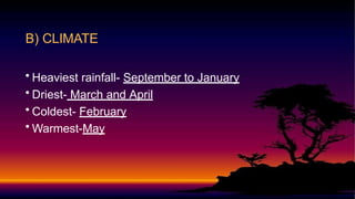B) CLIMATE
• Heaviest rainfall- September to January
• Driest- March and April
• Coldest- February
• Warmest-May
 