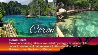 • Coron Reefs.
Seven enchanting lakes surrounded by craggy limestone cliffs
attract hundreds of nature lovers to this island in northern
Palawan, near the town of Coron.
 